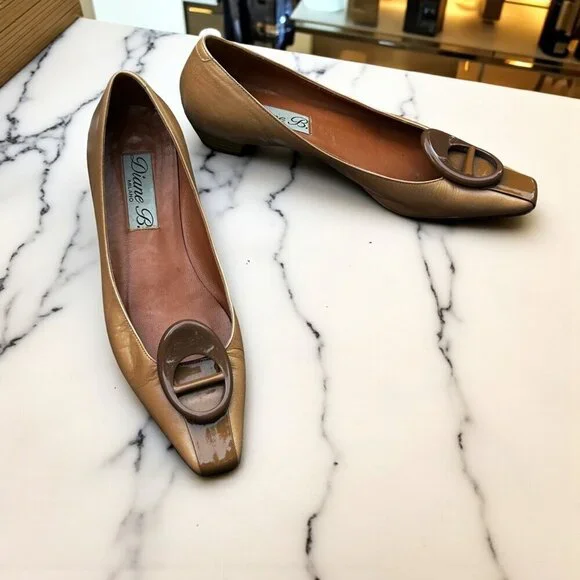 Diane B Vintage Camel Buckle Toe Leather Flats - Picture 1 of 11